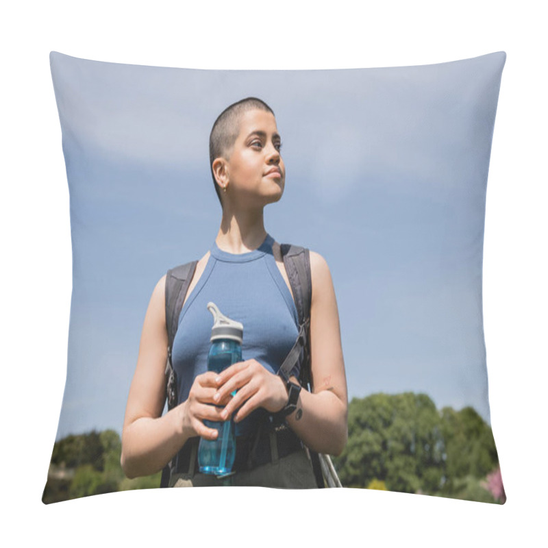 Personality  Young Tattooed And Short Haired Female Hiker With Backpack And Smartwatch Looking Away And Holding Sports Bottle With Blue Sky At Background, Trailblazing Through Scenic Landscape, Summer Pillow Covers