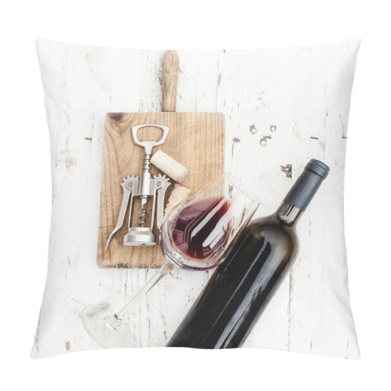 Personality   A Glass Of Red Wine, Bottle, Corkscrew  And Wine Corks On Rustic Board Over  White Wooden Table, Copyspsce. Wine Tasting Concept Pillow Covers