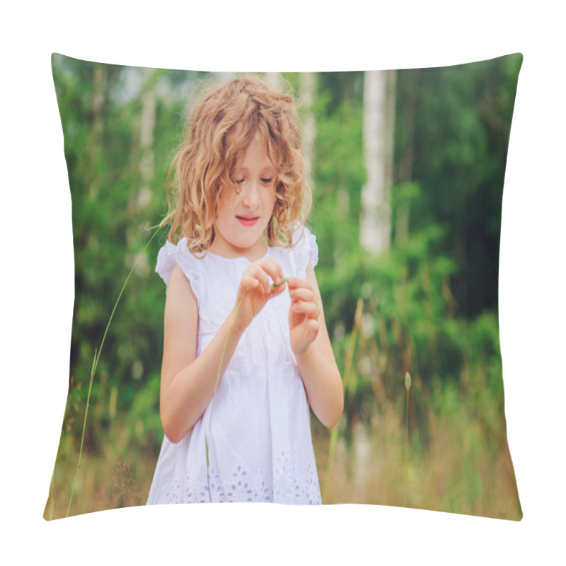 Personality  Child Girl Playing With Leaves In Summer Forest. Nature Exploration With Kids. Outdoor Rural Activities. Pillow Covers