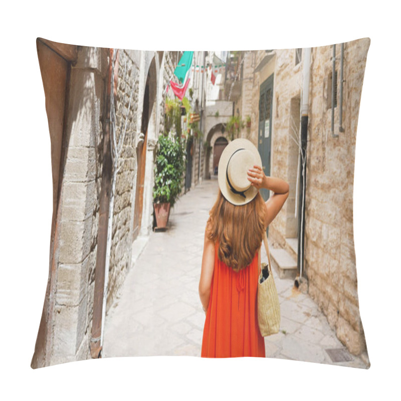 Personality  Back View Of Female Tourist Walking In Narrow Alley Of Medieval Old Town Of Bisceglie, Apulia, Italy Pillow Covers