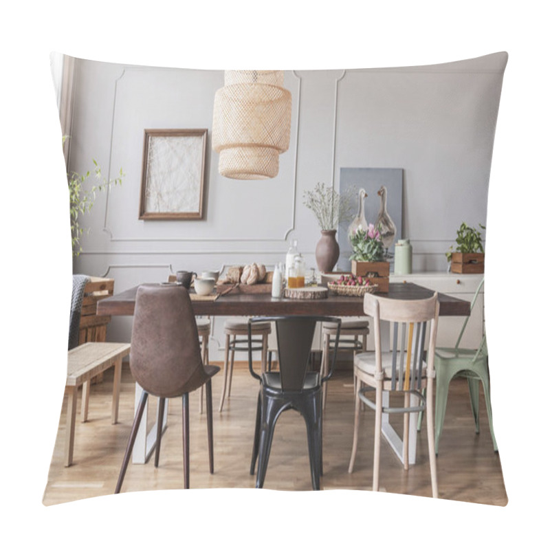 Personality  Chairs At Wooden Dining Table Under Lamp In Dining Room Interior With Posters And Flowers. Real Photo Pillow Covers