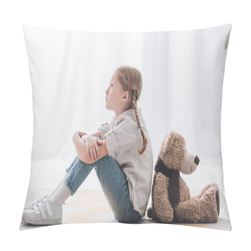 Personality  Side View Of Thoughtful Little Child Sitting On Floor Back To Back With Teddy Bear Pillow Covers