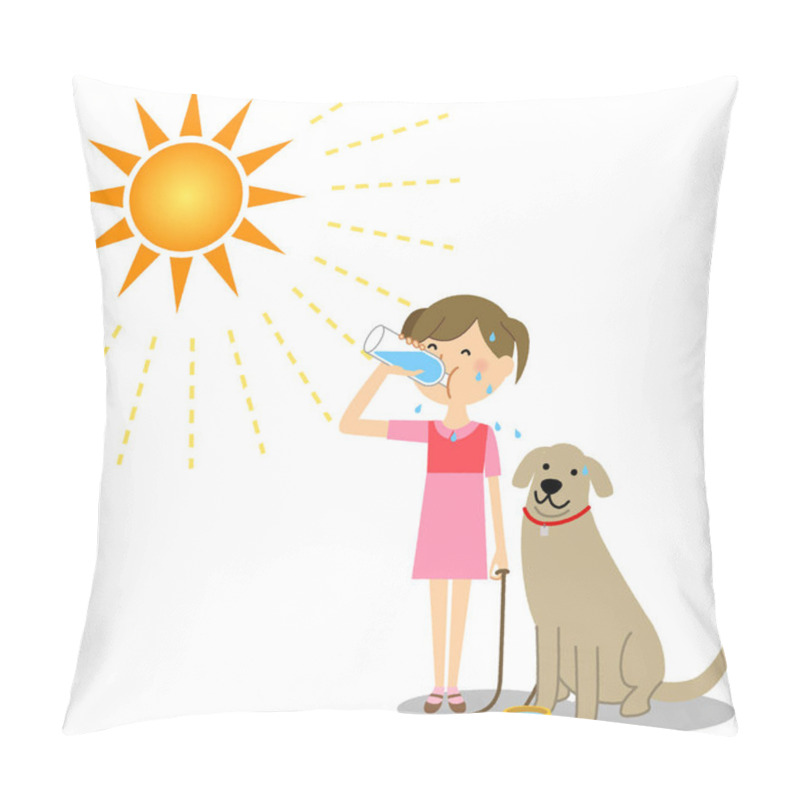 Personality  A Girl Walking A Dog On A Sunny Day/Illustration Of A Girl Walking A Dog On A Sunny Day. Pillow Covers