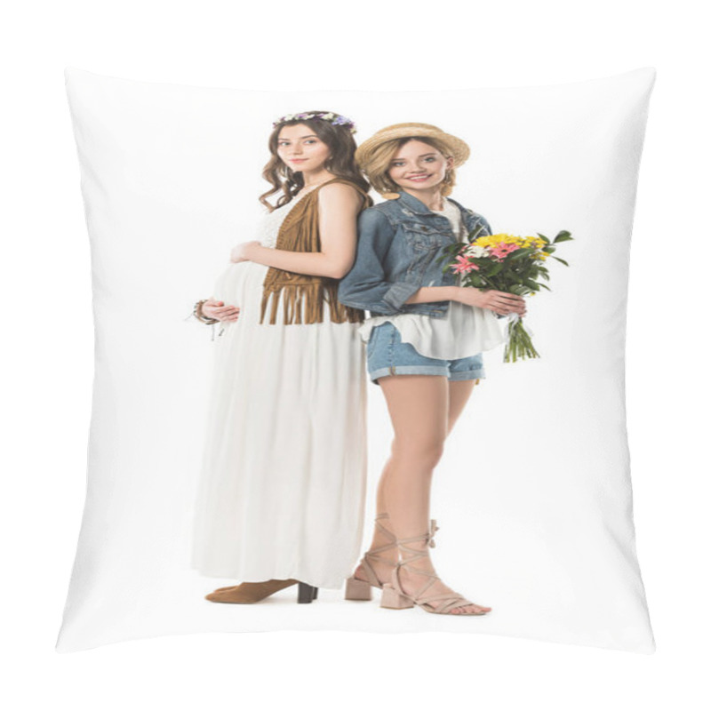 Personality  Full Length View Of Bisexual Couple With Flowers Expecting Baby Isolated On White Pillow Covers