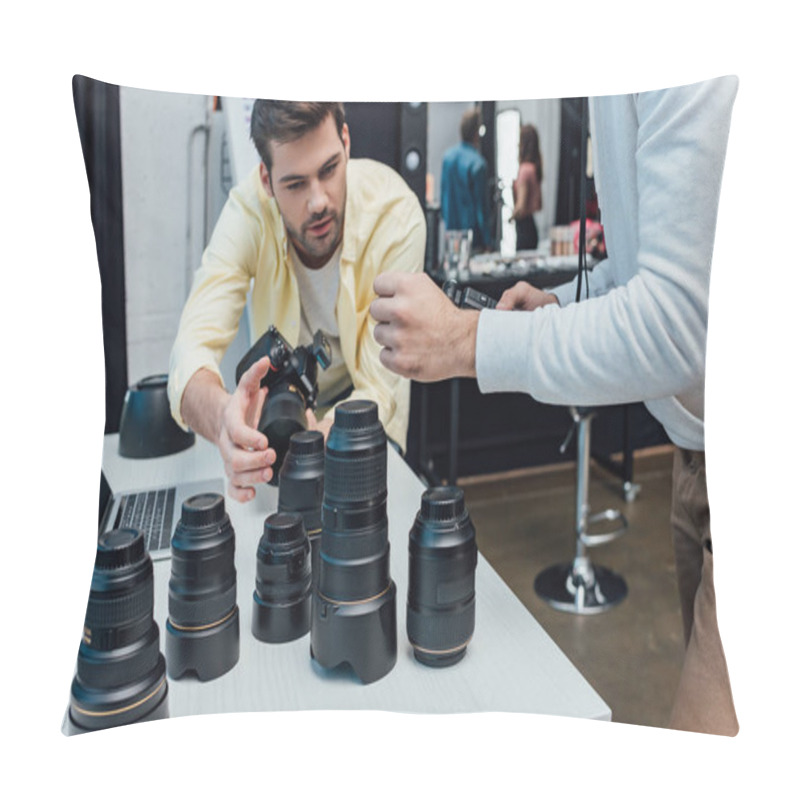 Personality  Cropped View Of Art Director Standing Near Photographer And Photo Lenses  Pillow Covers