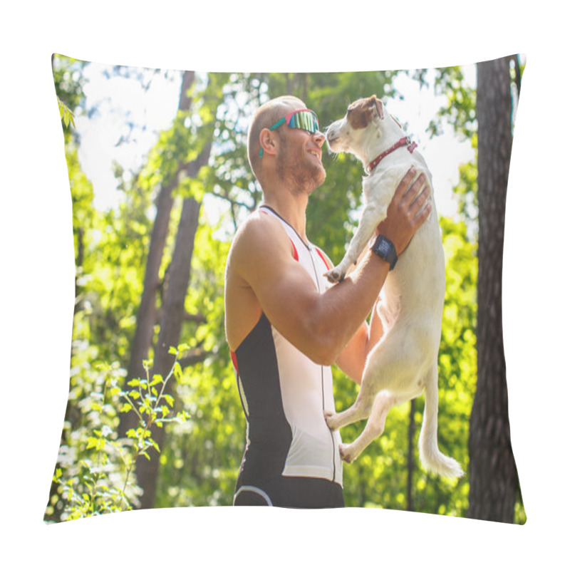 Personality  Man Holding His Dog. Pillow Covers