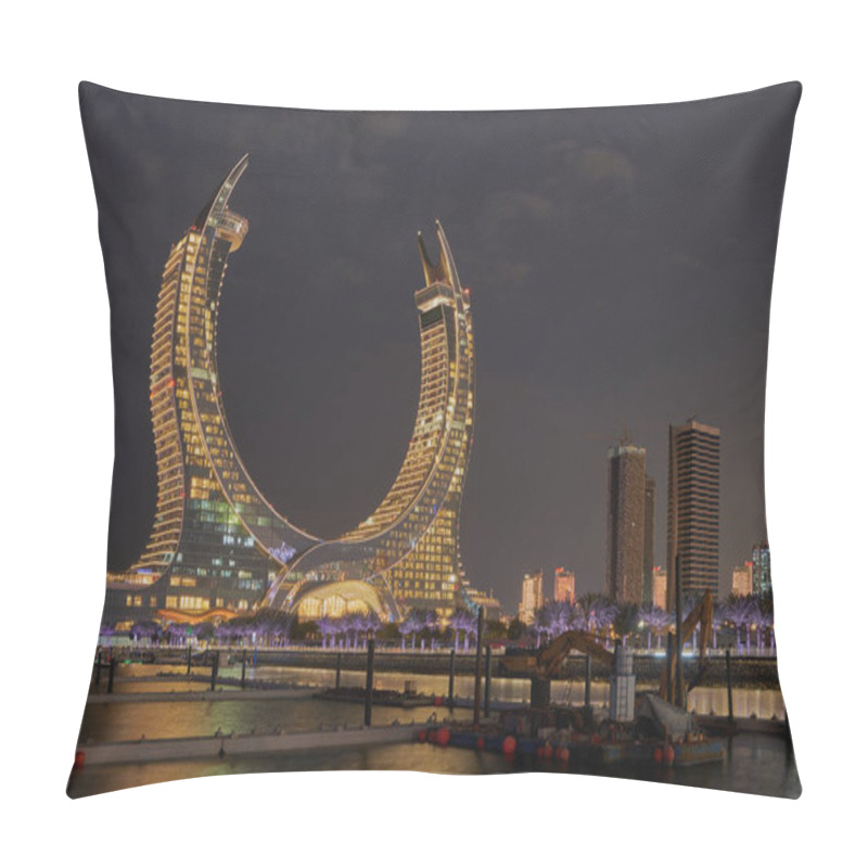 Personality  Katara Hospitality Tower, Or Lusail Katara Hotel North Tower In Lusail, Qatar At Dusk Showing The Unique Architecture Of The Illuminated Tower Pillow Covers