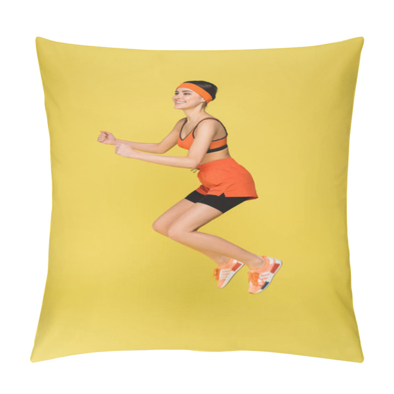 Personality  Cheerful Woman In Orange Sportswear Jumping Isolated On Yellow Pillow Covers