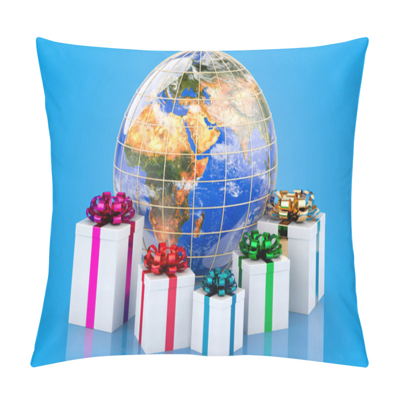 Personality  Earth Globe With Presents, 3D Rendering Isolated On Blue Backgroun Pillow Covers