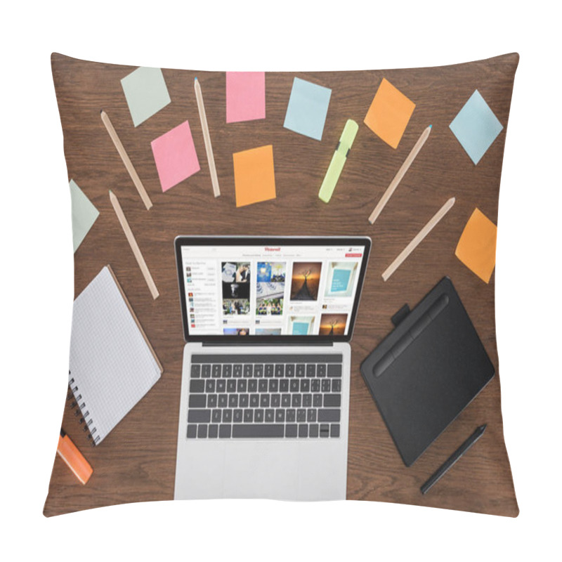 Personality  Top View Of Workplace With Arranged Textbooks, Post It And Laptop With Pinterest On Screen  Pillow Covers