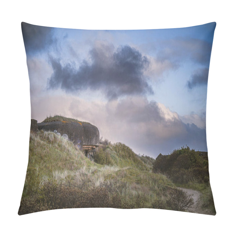 Personality  Bunker Complex IJmuiden, IJmuiden, North Holland, Netherlands, April 24, 2024: German Defense Line From The WWII Consisting Of Concrete Bunkers And Gun Emplacements During Sunset. Pillow Covers