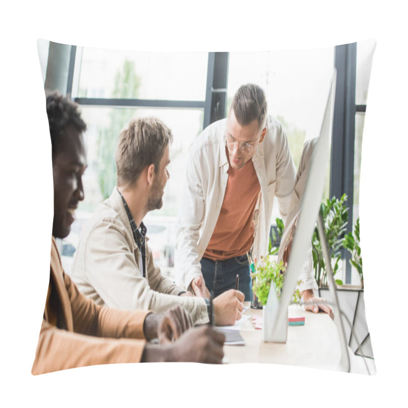 Personality  Selective Focus Of Young Multiethnic Businessmen Working Together In Office Pillow Covers