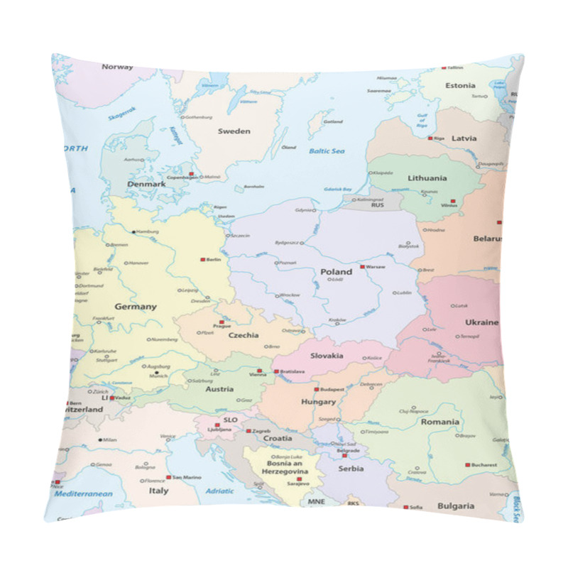 Personality  Map Of Central Europe With The Most Important Cities And Rivers Pillow Covers