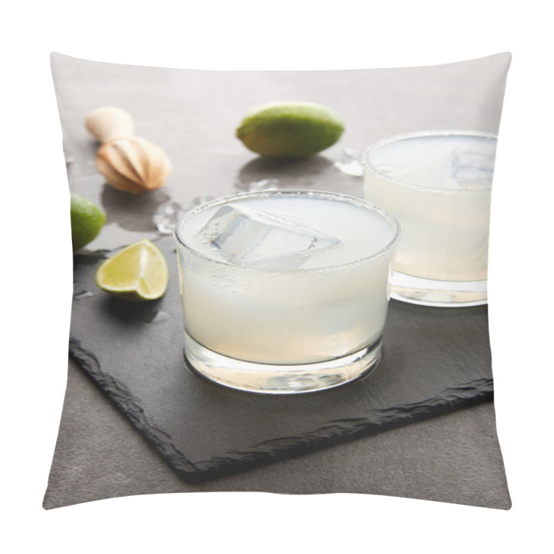 Personality  Close Up View Of Wooden Squeezer, Refreshing Margarita Cocktails With Lime And Ice On Grey Tabletop Pillow Covers