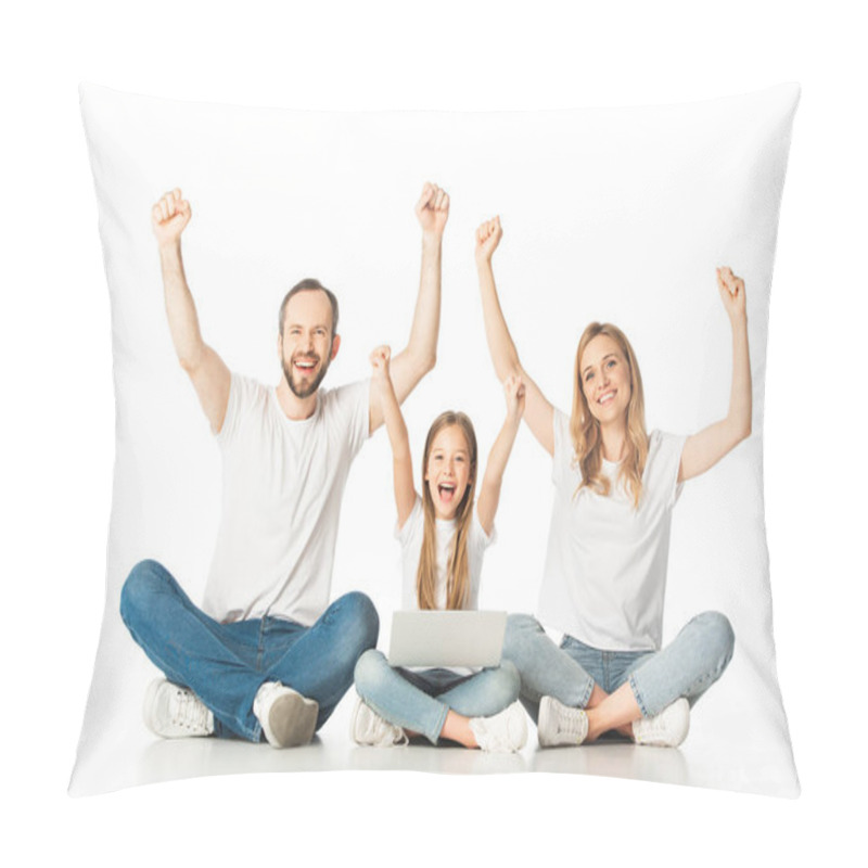 Personality  Excited Parents Sitting On Floor Near Happy Daughter With Laptop Isolated On White Pillow Covers