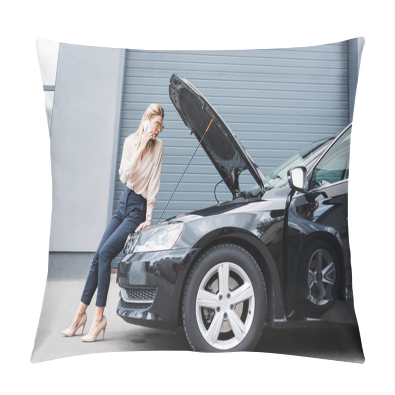 Personality  Businesswoman Talking On Smartphone While Standing Near Broken Auto, Car Insurance Concept Pillow Covers