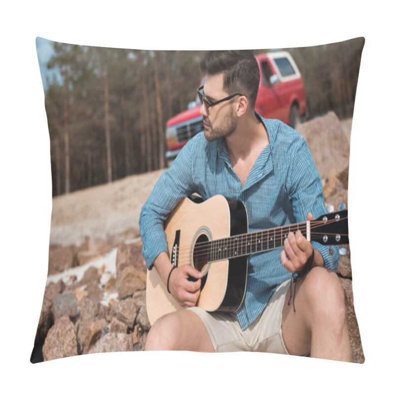 Personality  Young Man Playing Acoustic Guitar Outdoors, Red Jeep On Background Pillow Covers