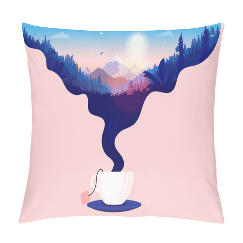 Personality  Morning Tea - Cup Of Tea With Steam Forming A Beautiful Landscape With Sunrise. A Great Way To Start The Day, And Tea Break Concept. Vector Illustration. Pillow Covers