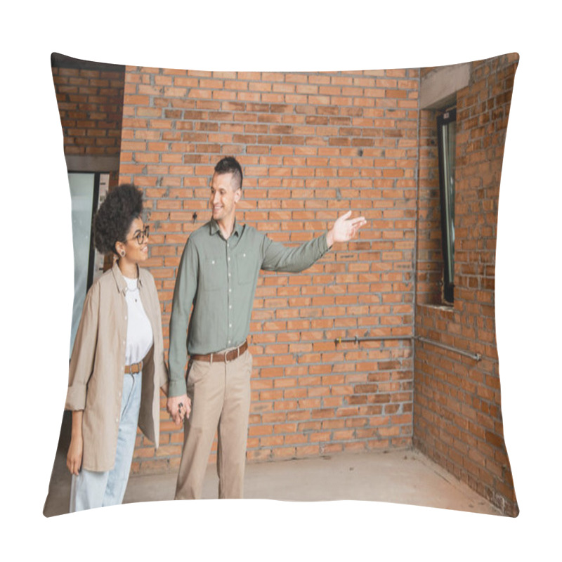 Personality  Happy Man Pointing With Hand While Showing New House To African American Woman Pillow Covers