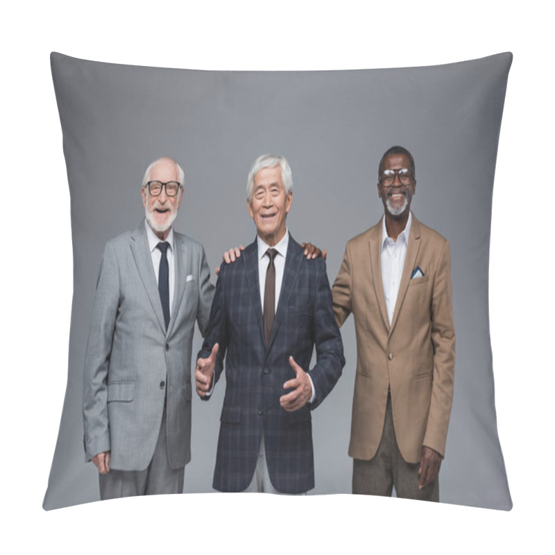 Personality  Smiling Multiethnic Businessmen Touching Shoulders Of Senior Asian Colleague Isolated On Grey Pillow Covers