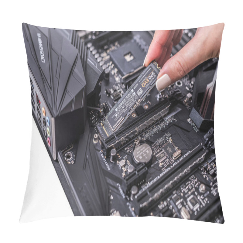 Personality  Hard Disk SSD M2 On The Motherboard Background. Pillow Covers