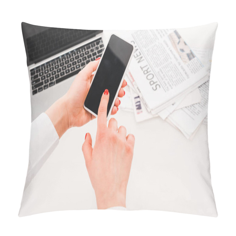 Personality  Selective Focus Of Woman Using Smartphone With Blank Screen Near Laptop And  Newspapers With Sport News Pillow Covers