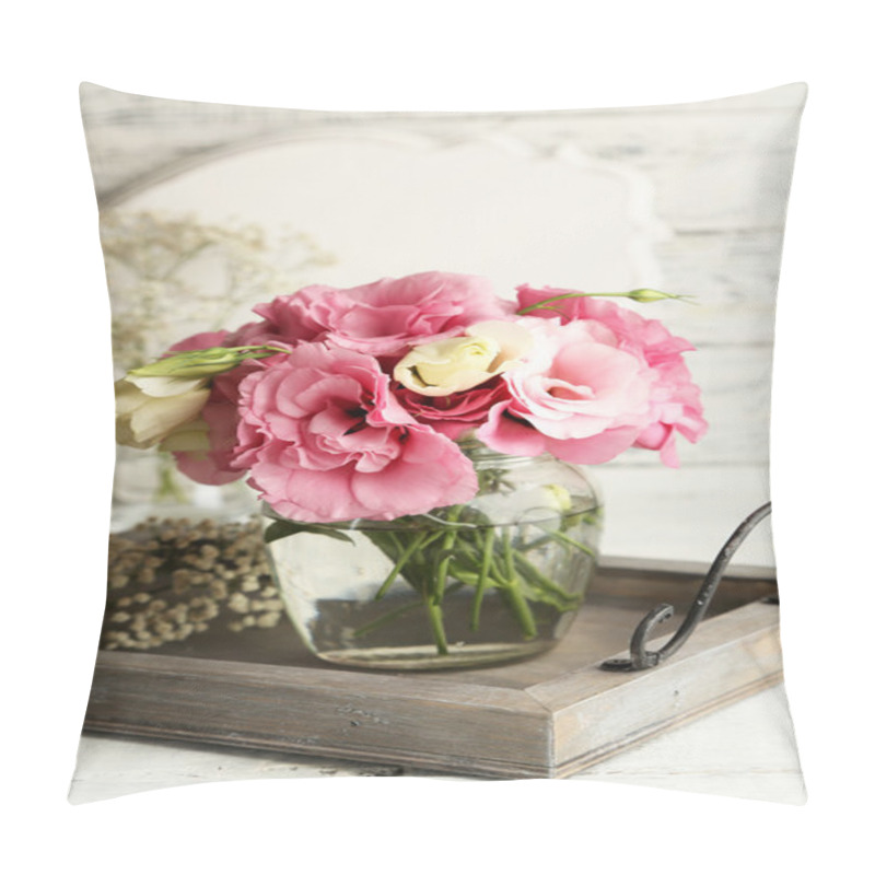 Personality  Bouquet Of Eustoma Flowers In Vase On Wooden Background Pillow Covers