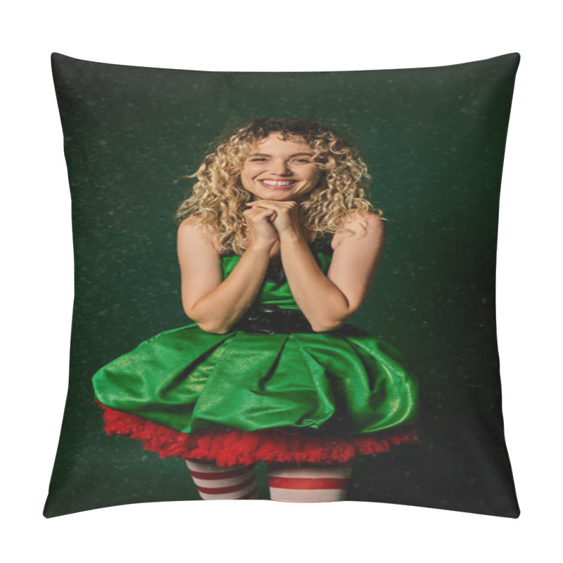 Personality  Smiling New Year Elf In Festive Dress And Stockings Looking Cheerfully At Camera, Hands To Face Pillow Covers