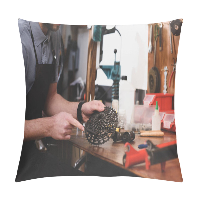 Personality  Cropped Shot Of Repairman Working With Bicycle Chain In Workshop Pillow Covers