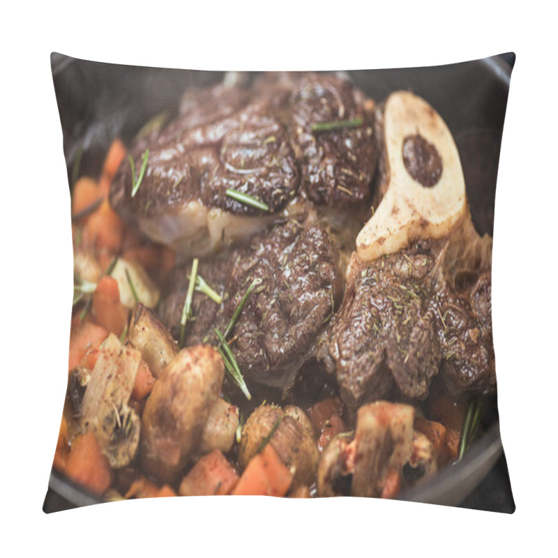 Personality  Close Up View Of Vegetables Stew And Meat On Frying Pan Pillow Covers