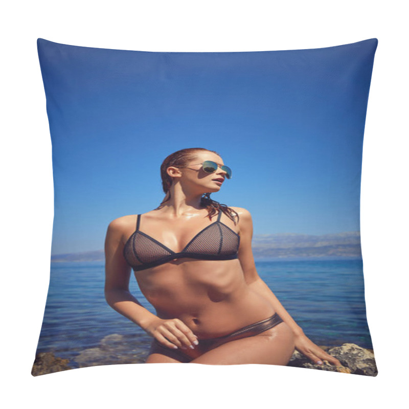 Personality  Pretty Beautiful Woman In Swimwear Bikini Posing In Blue Sea Water Pillow Covers