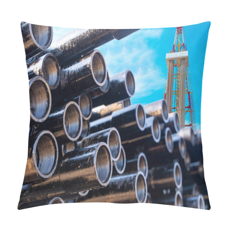 Personality  In The Foreground Pipes For Drilling Oil And Gas Wells. In The Background, A Blurred Image Of The Rig Out Of Focus. Blue Sky With Clouds Pillow Covers