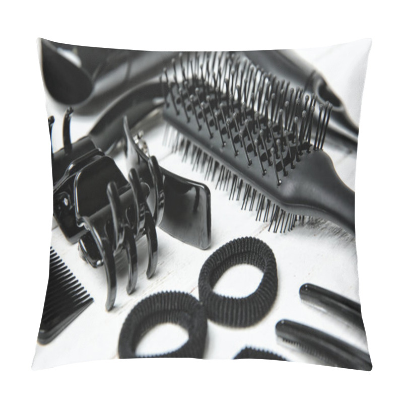 Personality  Professional Hairdresser Set On Wooden Table Pillow Covers