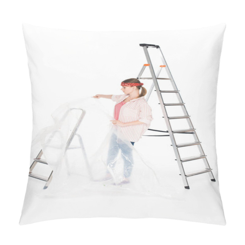 Personality  Side View Of Woman In Headband Taking Off Polyethylene Cover From Ladder Isolated On White Background  Pillow Covers