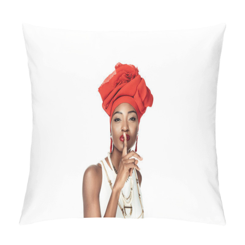 Personality  Stylish African American Woman Showing Silence Gesture Isolated On White Pillow Covers