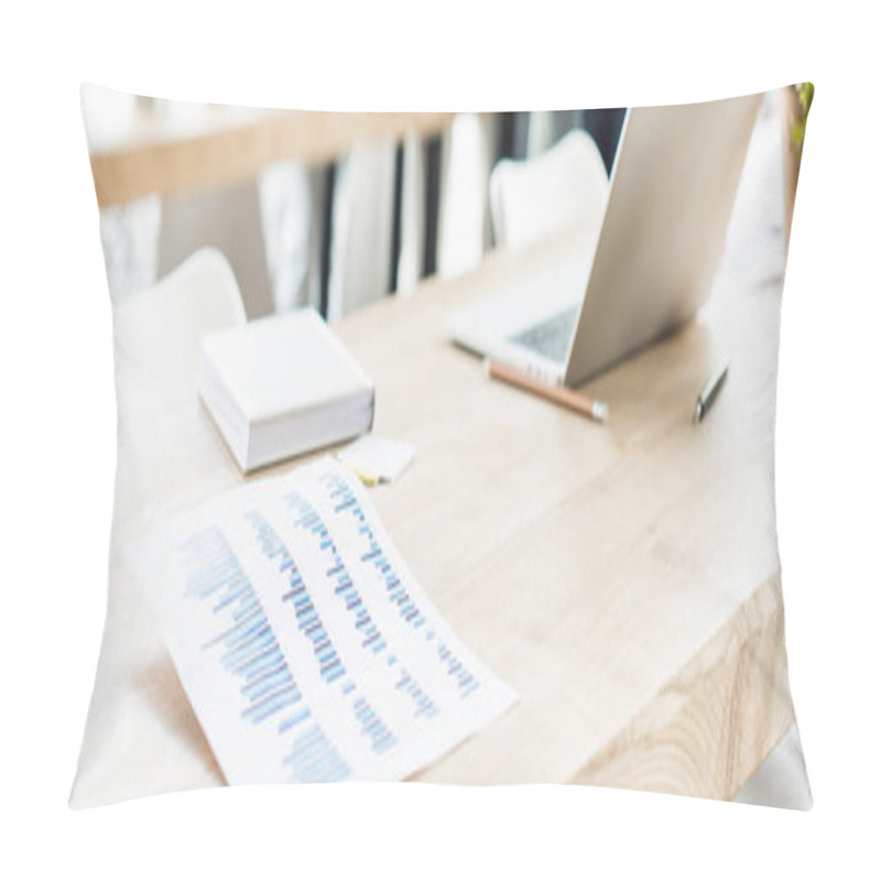 Personality  Panoramic Shot Of Desk With Laptop, Notebook And Paper With Graphs And Charts In Office Pillow Covers