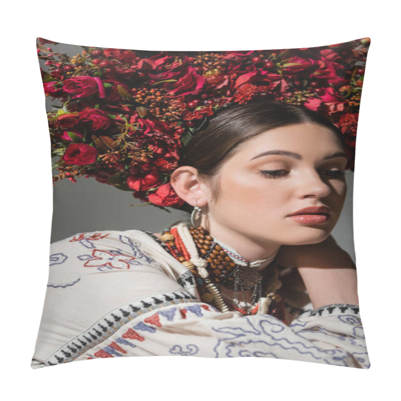 Personality  Portrait Of Pretty Ukrainian Woman In Traditional Clothes And Floral Wreath With Red Berries Isolated On Grey Pillow Covers