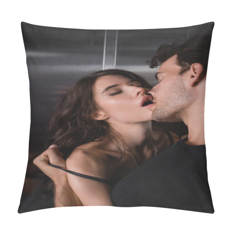 Personality  Passionate Man Touching Seductive Woman, While Holding Shoulder Strap Of Dress In Elevator Pillow Covers