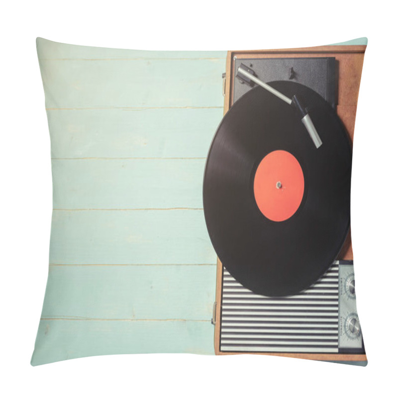 Personality  Vintage Gramophone With A Vinyl Record On Rustic Wooden Table, Top View And Copy Space. Pillow Covers