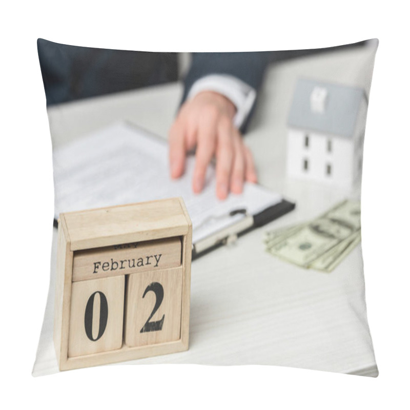 Personality  Selective Focus Of Wooden Calendar With February Lettering Near Realtor  Pillow Covers