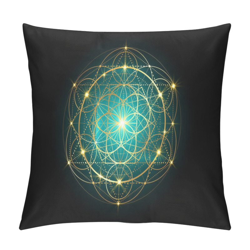 Personality  Seed of life symbol Sacred Geometry.  Geometric mystic mandala of alchemy esoteric Flower of Life. Gold luxury design, vector divine meditative amulet isolated on black background pillow covers