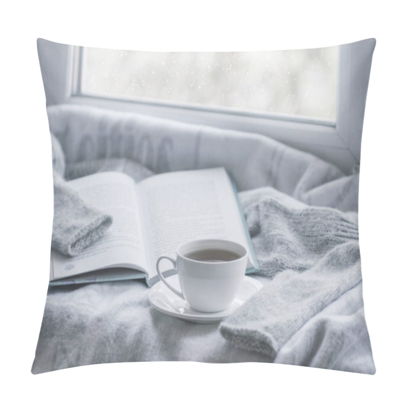 Personality  Cozy Winter Still Life: Mug Of Hot Tea And Book With Warm Plaid On Windowsill Against Snow Landscape From Outside. Pillow Covers