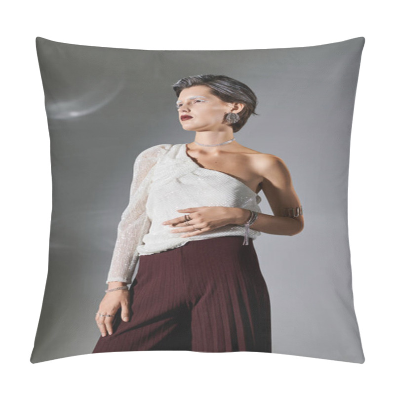 Personality  A Beautiful Woman Combines Cozy Elegance With Winter Style, Standing Confidently In A Chic Outfit. Pillow Covers