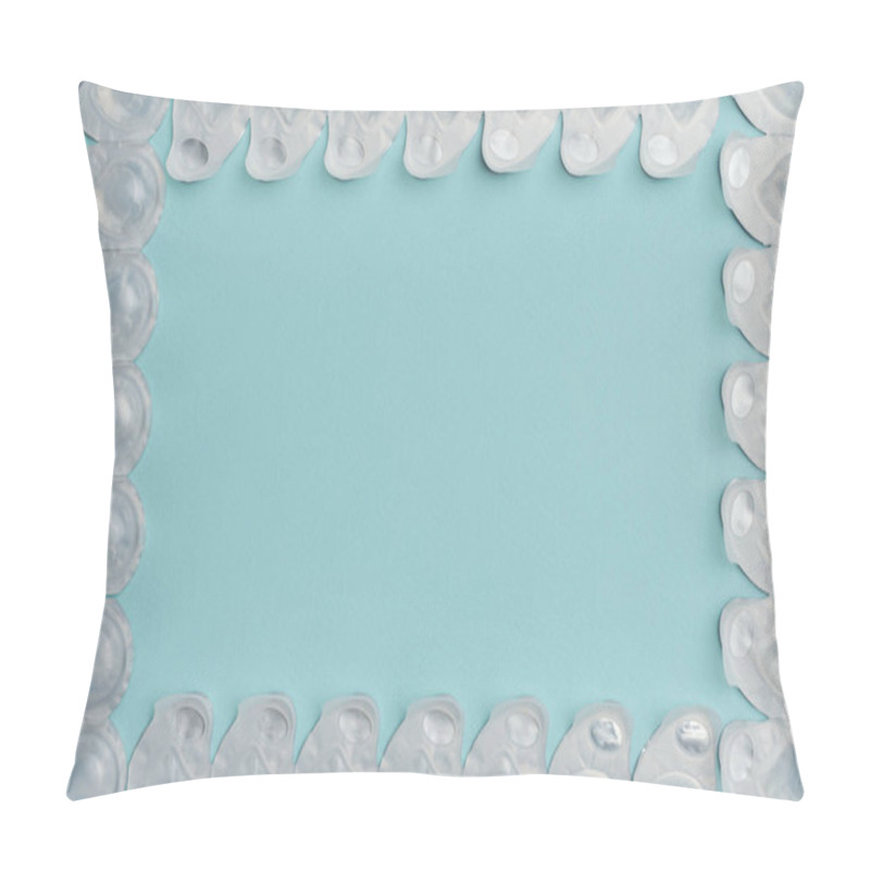 Personality  Flat Lay With Contact Lenses In Containers Arranged On Blue Background Pillow Covers