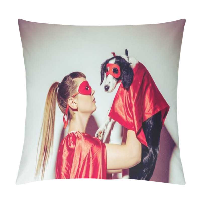 Personality  Side View Of Young Woman And Puppy In Superhero Costumes Pillow Covers