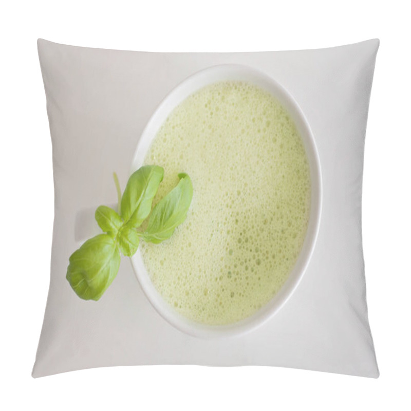 Personality  Healthy Green Tea Matcha Latte With Soy And Oat Milk In A White Tea Cup Decorated With Basil And Foam On Top - A Warm Beverage To Boost Brain Function And As A Cancer Prevention! Crispbread And Butter Blurry On Background Pillow Covers