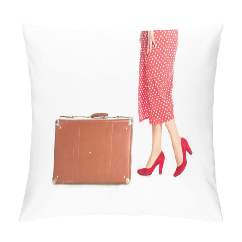 Personality  Cropped Shot Of Woman With Retro Suitcase Isolated On White Pillow Covers