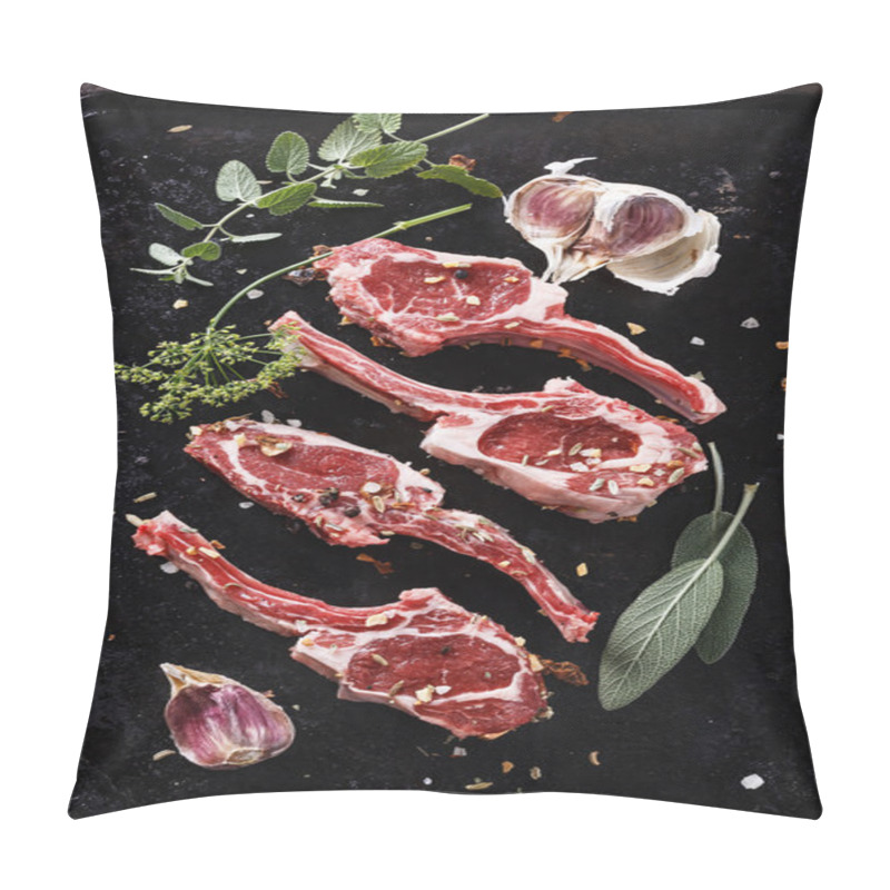 Personality  Lamb Cutlets On A Black Textured Metal Tray Pillow Covers