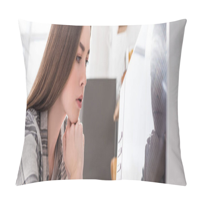 Personality  Panoramic Shot Of Pensive Woman Looking At Microwave In Kitchen  Pillow Covers