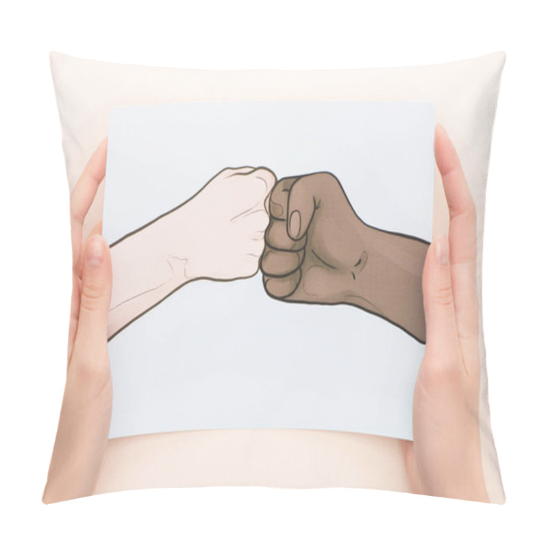 Personality  Cropped View Of Woman Holding Picture With Drawn Multiethnic Hands Doing Fist Bump On Beige Background Pillow Covers